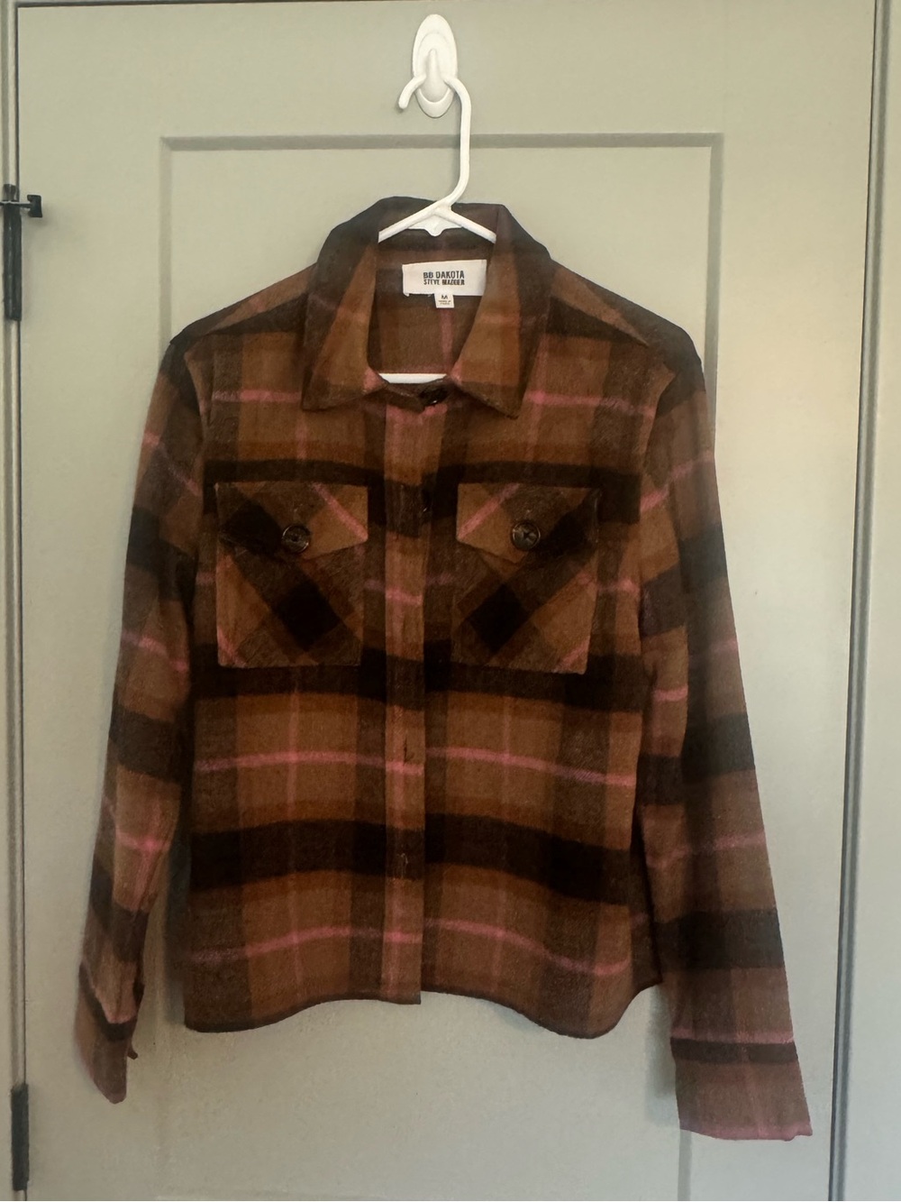 BB Dakota Brown and Pink Plaid Button-Front Shirt Jacket
